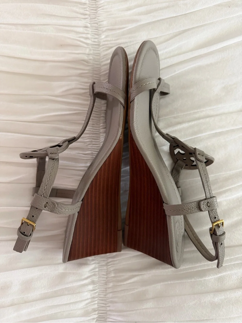 Tory Burch Taupe Leather Wedge T-Strap Sandals
